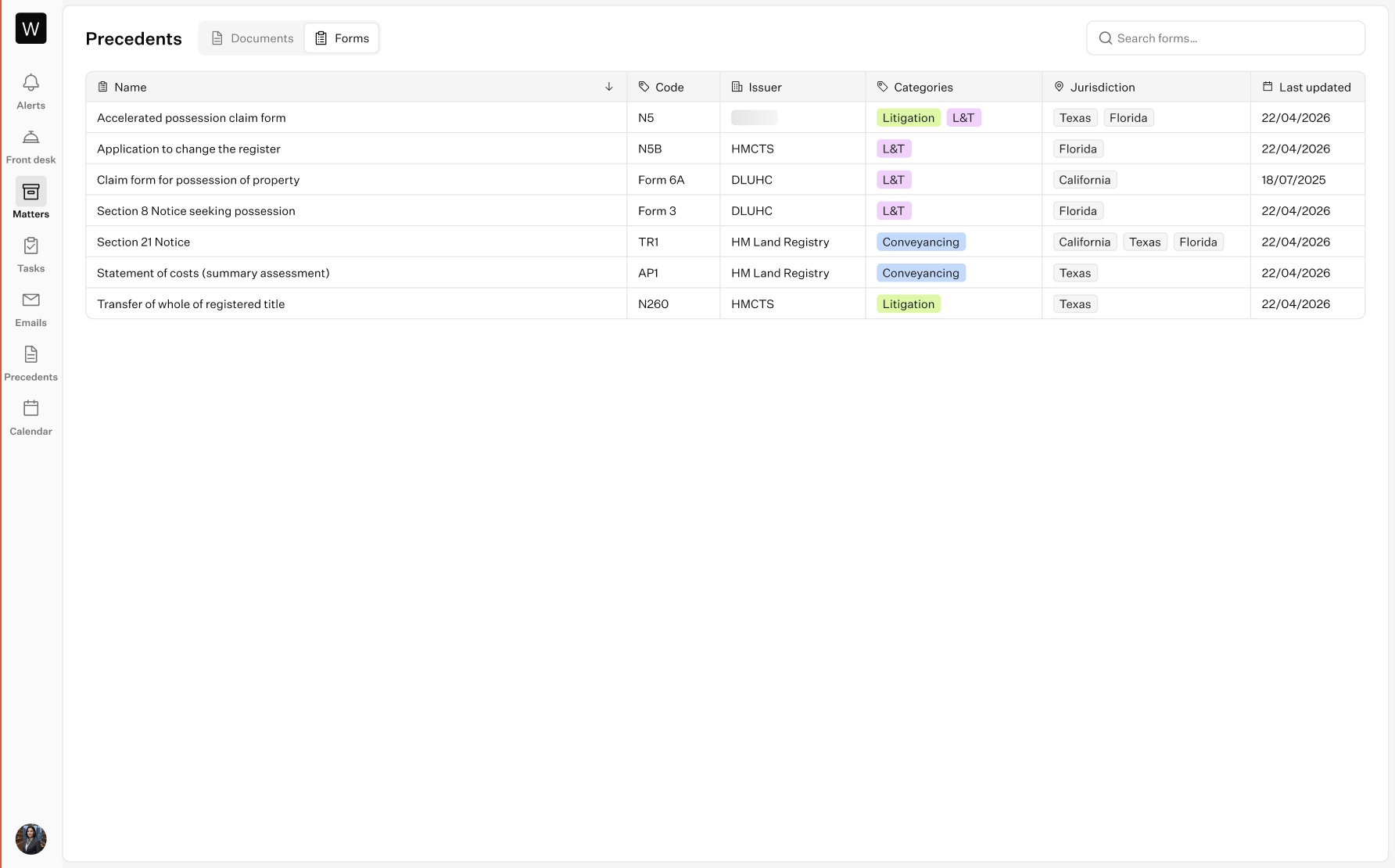 Figma design: the Precedents page's Forms tab listing forms with Name, Code, Issuer, Categories, Jurisdiction and Last updated columns, multi-value jurisdiction badges, and a search box