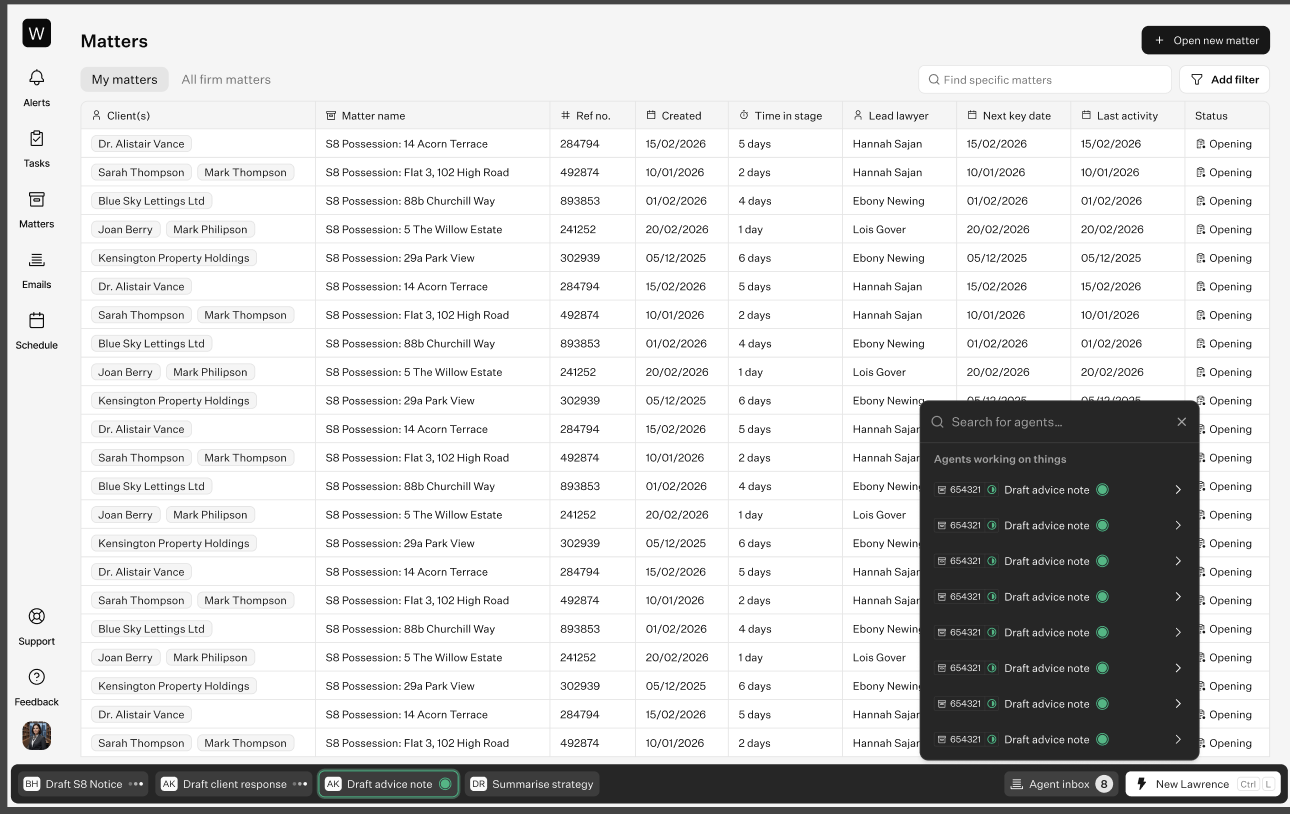 Design of the agent inbox: the Matters list with an 'Agents working on things' search popover listing threads that need review, and an Agent inbox entry in the bottom bar.